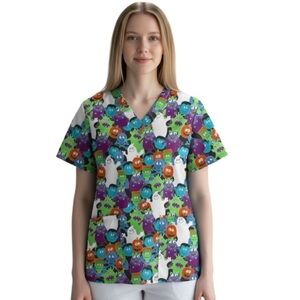 Butter-Soft Party Ghouls Halloween‎ Scrub Top Women’s V-Neck 2-Pocket Print XL